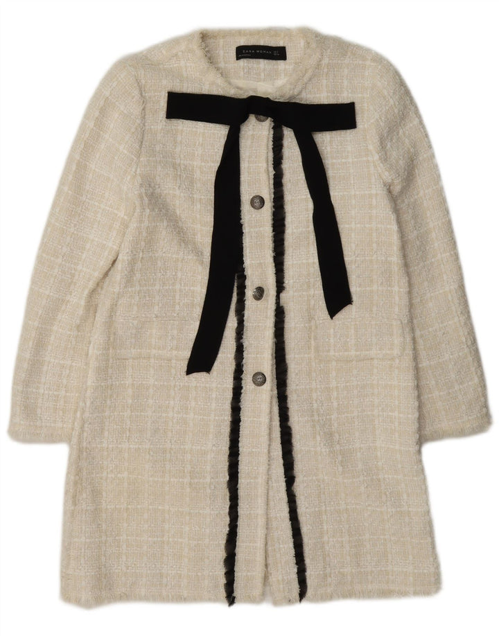 Giacca blazer a 3 bottoni lunga da donna Zara UK 12 cotone medio a quadri bianco