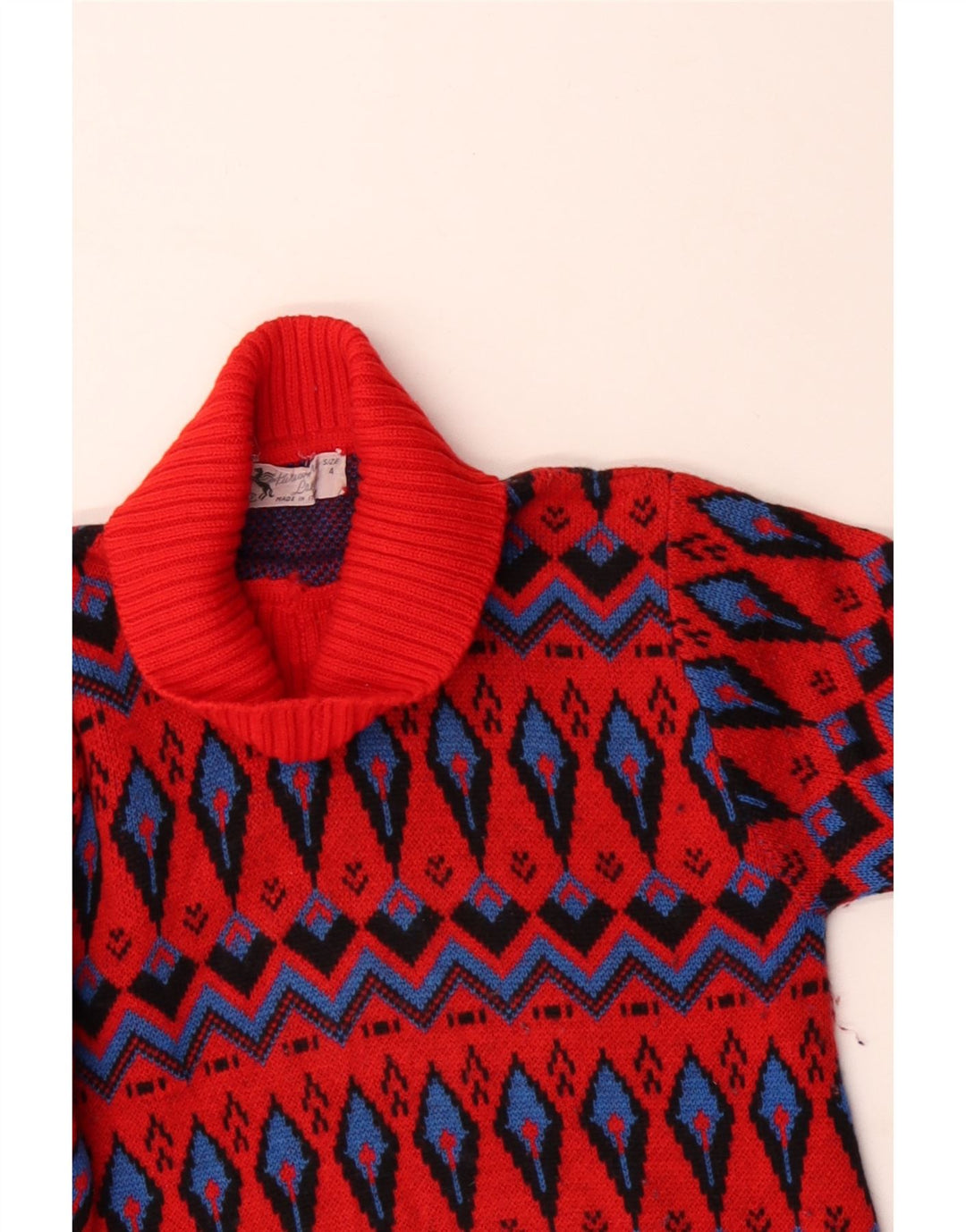 Maglione vintage da donna con collo alto e collo alto, taglia 4, piccolo, in lana Fair Isle rossa