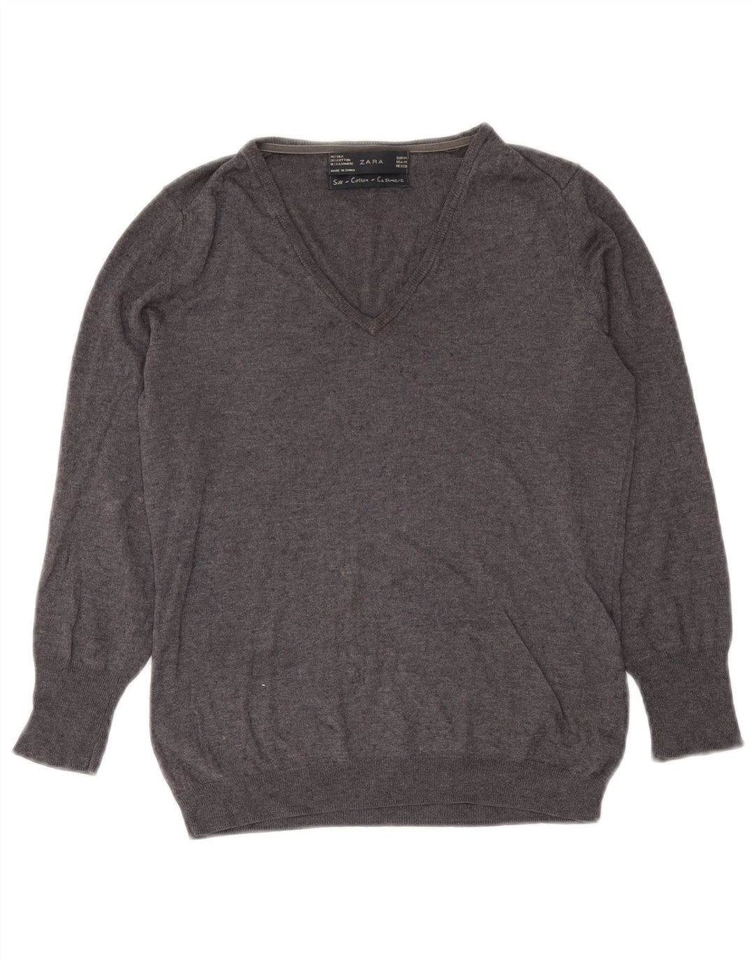 Maglione con scollo a V da donna Zara UK 12 Seta grigio medio