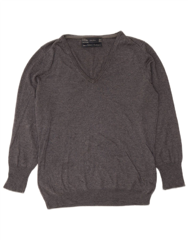 Maglione con scollo a V da donna Zara UK 12 Seta grigio medio