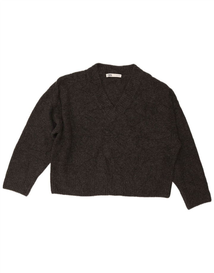 Maglione ZARA da donna oversize corto con scollo a V UK 10 piccolo grigio