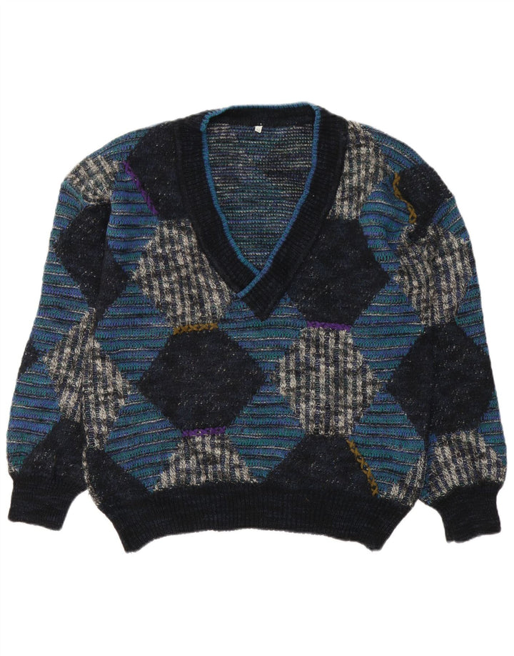 Maglione vintage da uomo con scollo a V IT 48 Lana a rombi/diamante blu medio