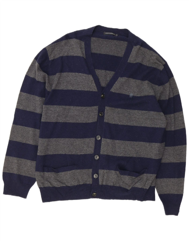 FRENCH CONNECTION Maglione cardigan da uomo 2XL Lana d'agnello a righe blu navy