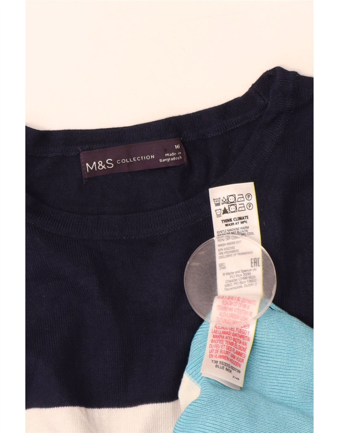 MARKS & SPENCER Maglione da donna con scollo a barca UK 16 Grandi strisce blu