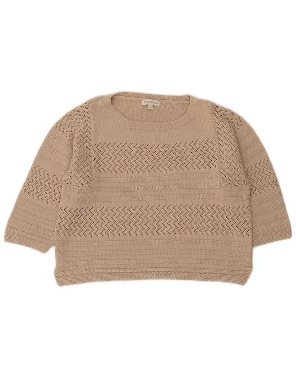 Monsoon Maglione da donna corto con scollo a barca e maniche a 3/4 UK 14 Beige medio