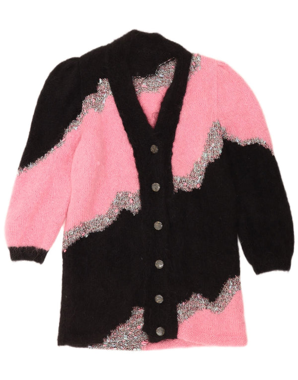 Maglione cardigan lungo da donna vintage UK 14 Colorblock rosa medio