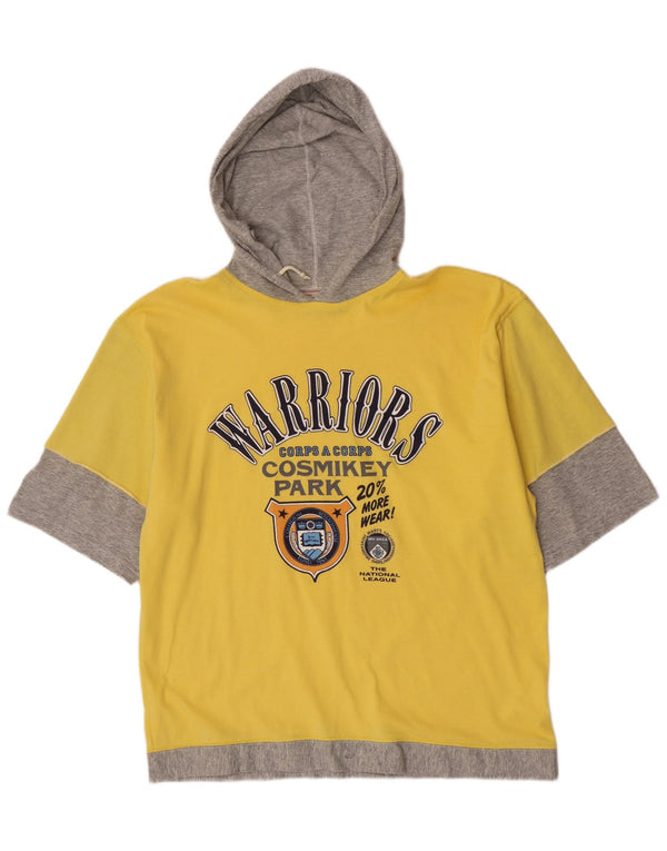 T-shirt grafica da uomo vintage con cappuccio, top grande color block giallo