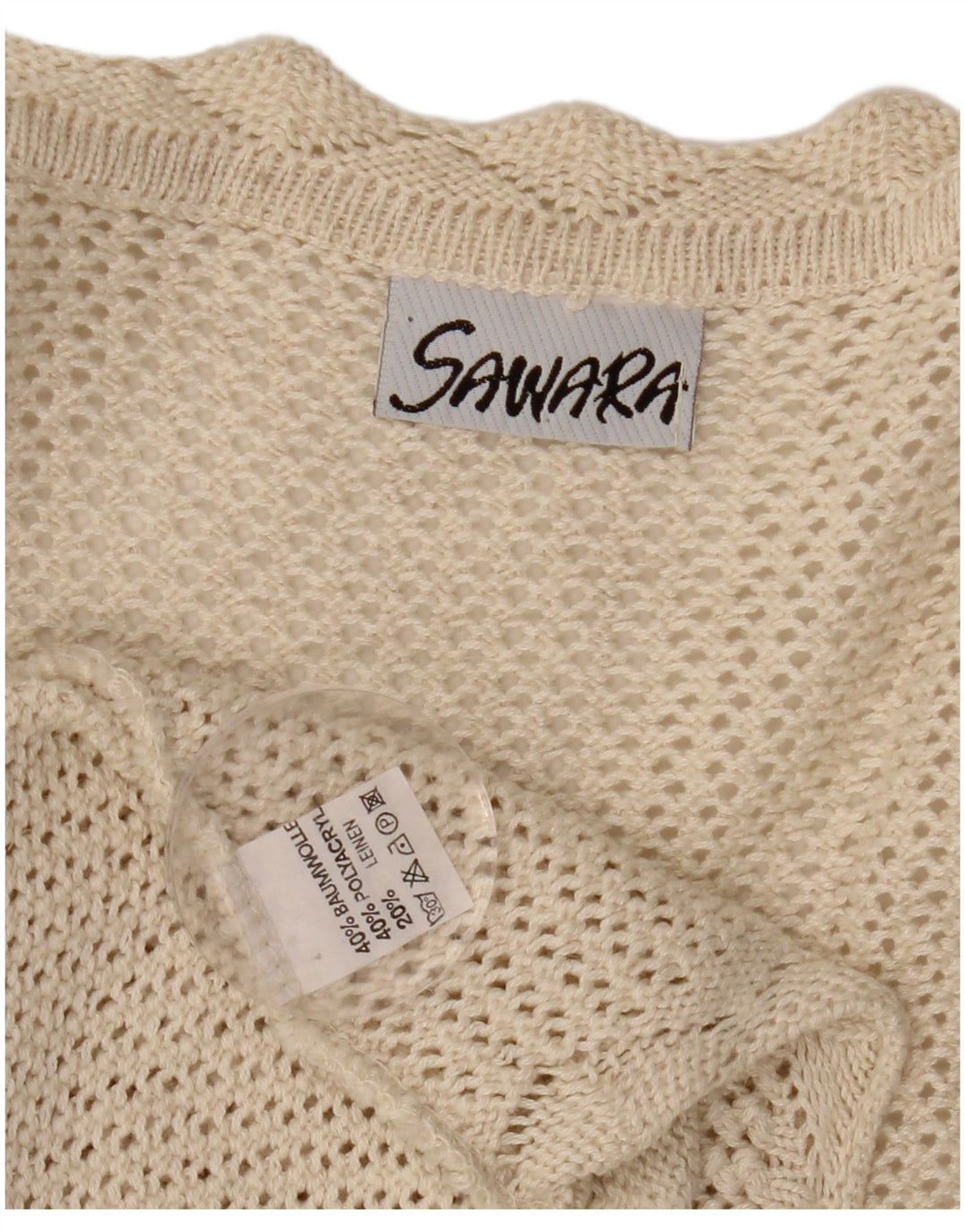 Maglione cardigan all'uncinetto senza maniche corto da donna VINTAGE UK 14 Large Beige