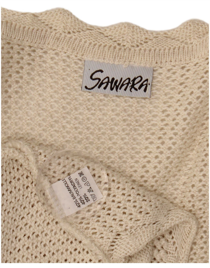 Maglione cardigan all'uncinetto senza maniche corto da donna VINTAGE UK 14 Large Beige