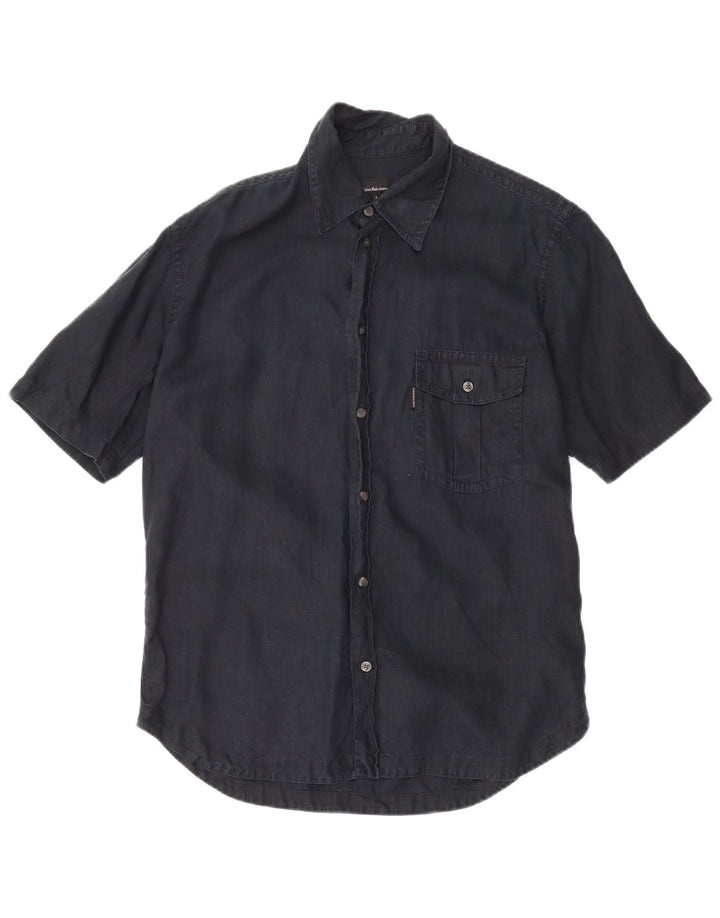 Camicia a maniche corte da uomo Calvin Klein Jeans Large in lino blu navy