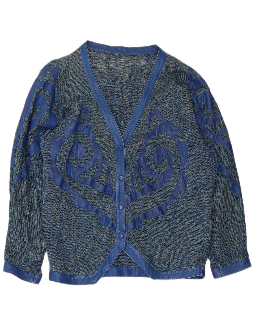 Maglione cardigan grafico da donna VINTAGE UK 16 grande blu screziato
