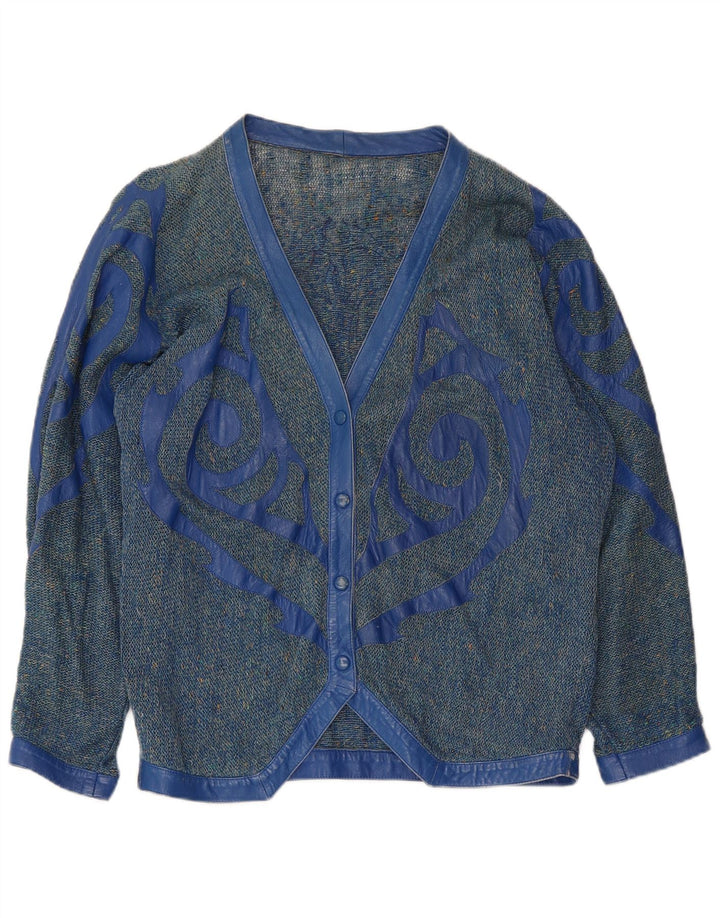 Maglione cardigan grafico da donna VINTAGE UK 16 grande blu screziato