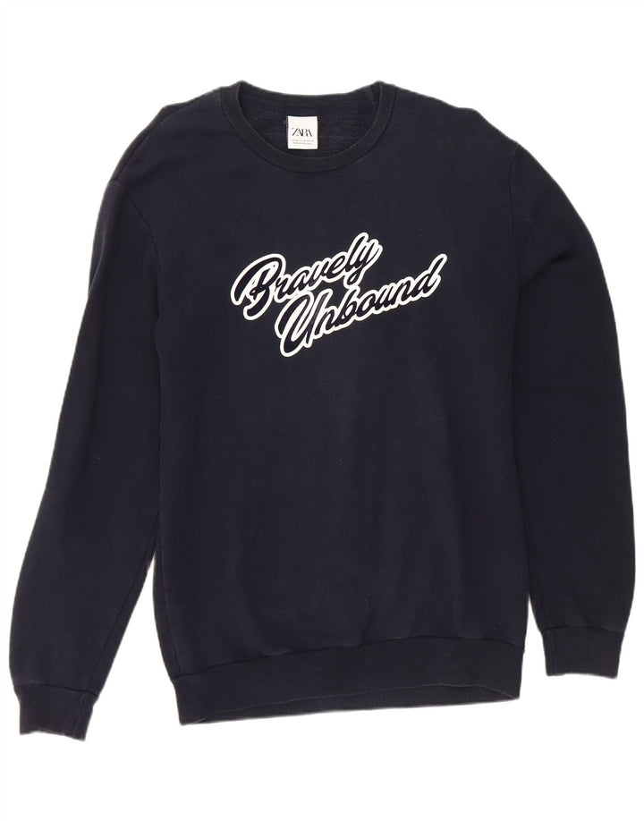 Felpa grafica da uomo Zara, maglione medio, blu navy