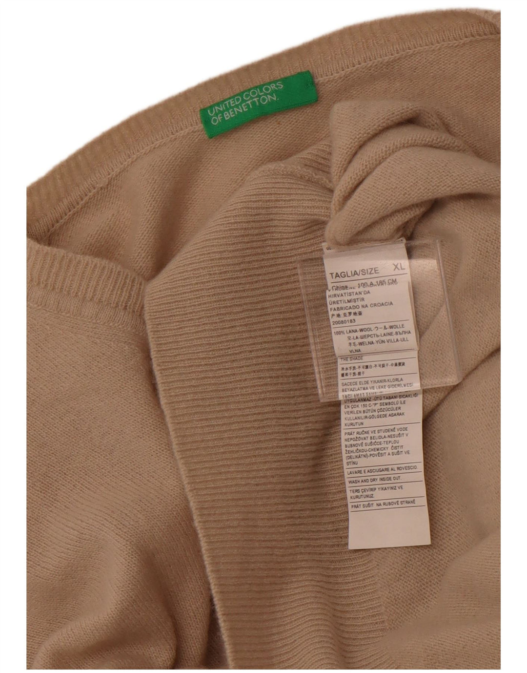 BENETTON Maglione da uomo con scollo a V XL in lana beige