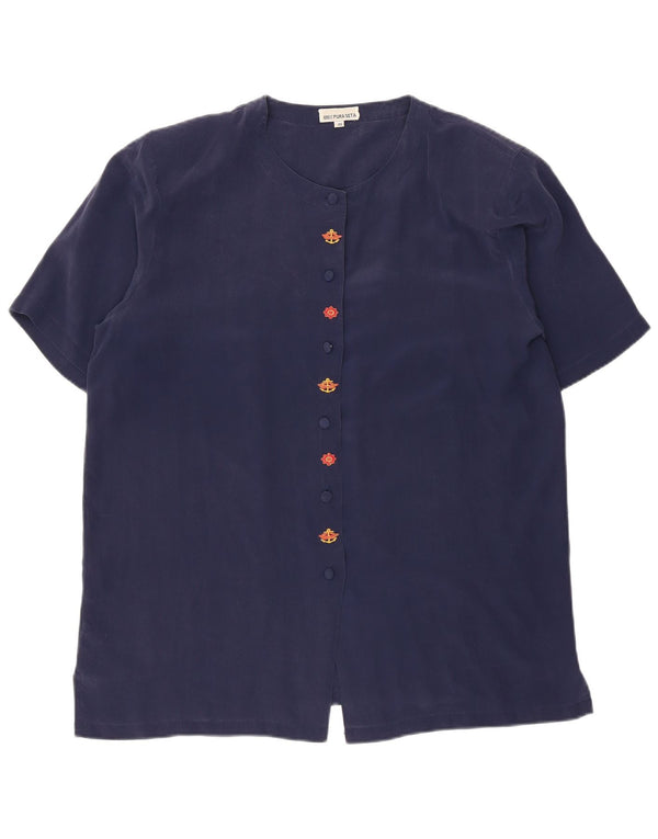 Camicia vintage da donna a maniche corte IT 48 XL Seta blu navy