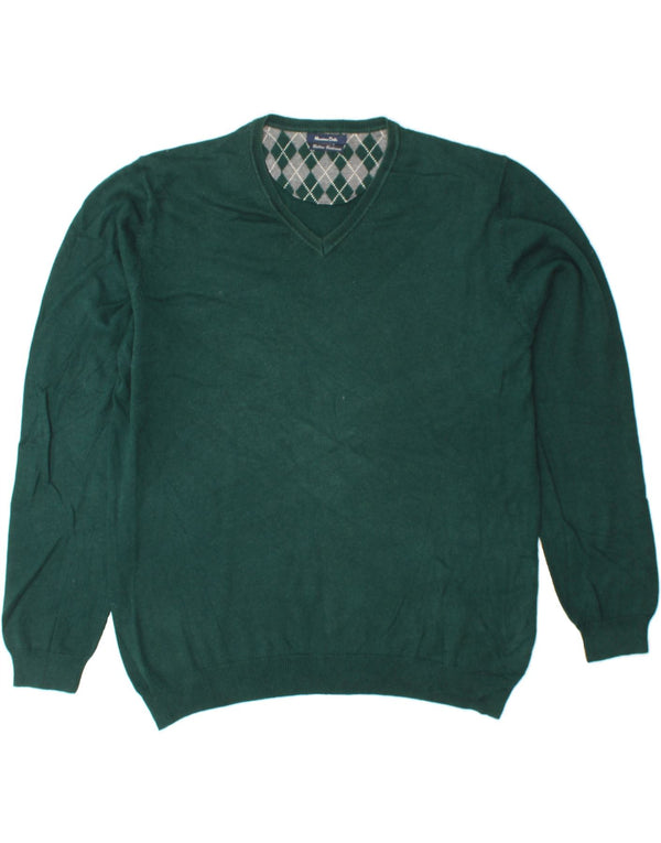MASSIMO DUTTI Mens V-Neck Jumper Sweater XL Green Cotton