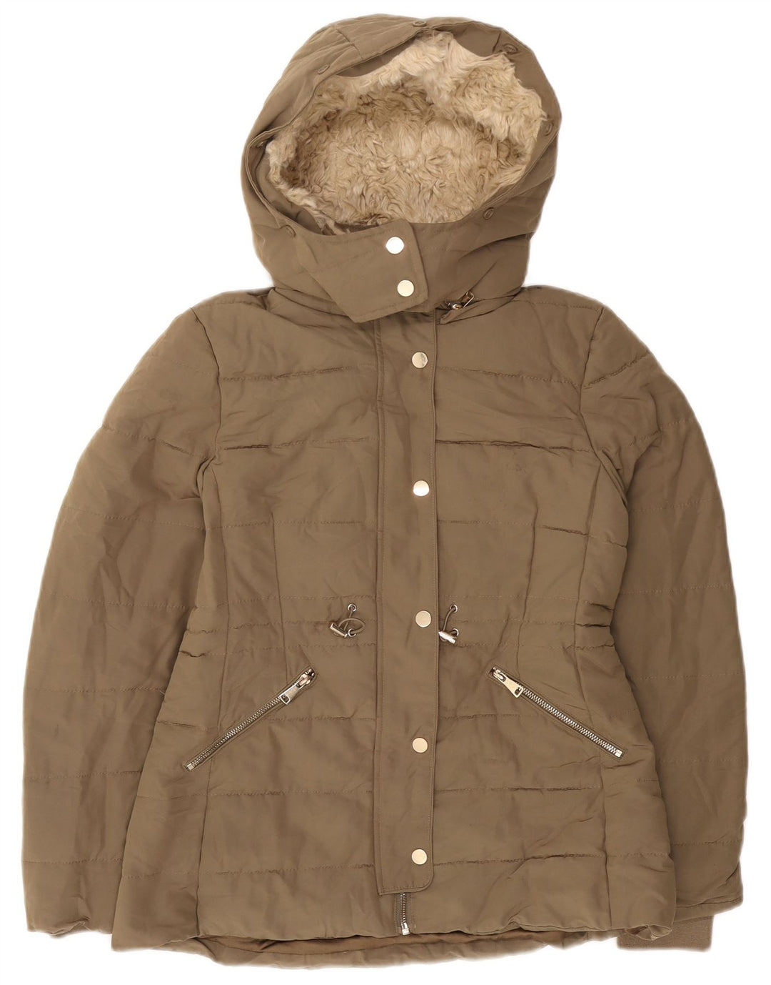 Giacca imbottita in sherpa con cappuccio da donna Zara UK 10 piccola poliestere kaki