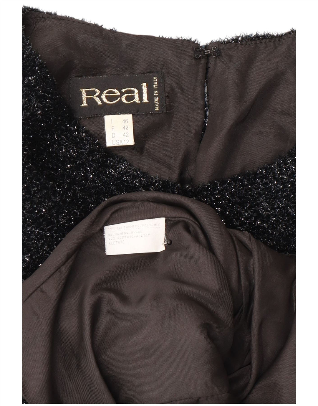 Top corto da donna vintage in camicetta EU 42 grande poliestere chiazzato nero