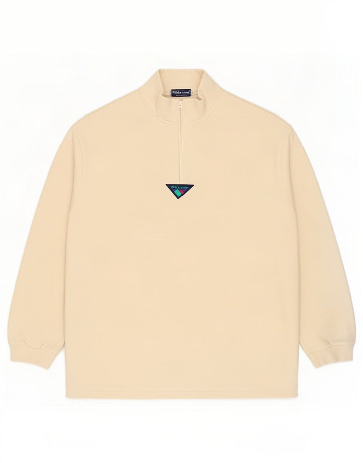 Felpa vintage da uomo in velluto con zip e collo, maglione, grande, in poliestere beige