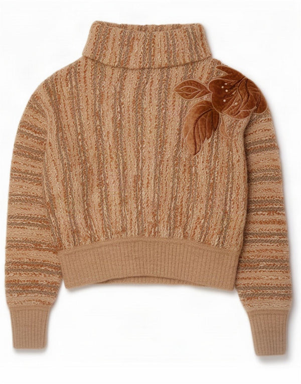 Maglione vintage da donna corto con collo alto e collo alto UK 16 a righe beige grandi