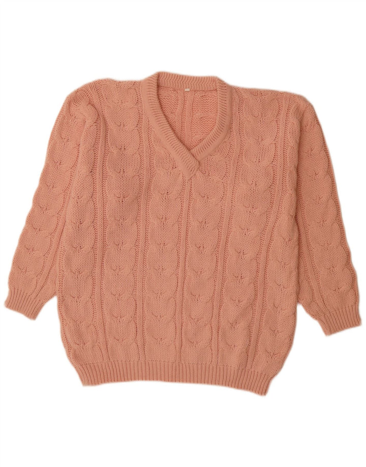 VINTAGE Womens V-Neck Jumper Sweater UK 16 Large Pink Wool
