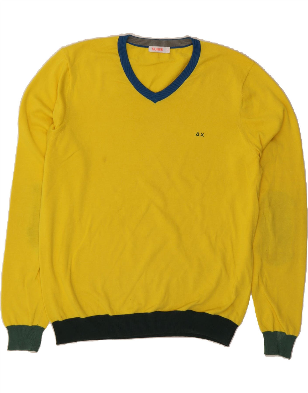 SUN68 Mens V-Neck Jumper Sweater Large Yellow Colourblock Cotton Vintage Sun68 and Second-Hand Sun68 from Messina Hembry 