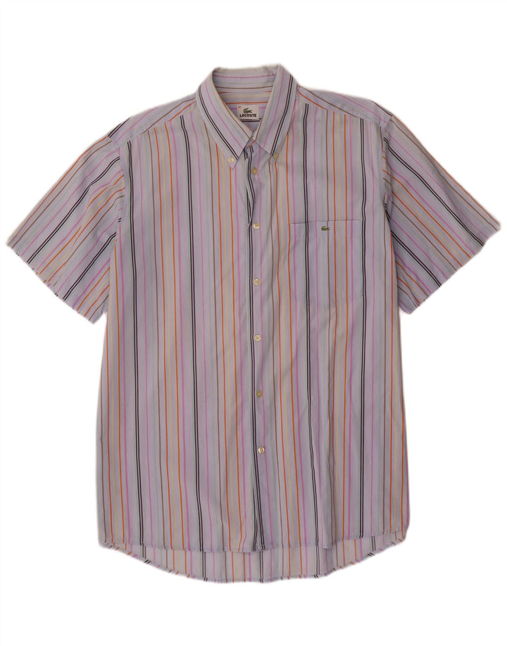 LACOSTE Camicia a maniche corte da uomo taglia 43 grande cotone a righe multicolori