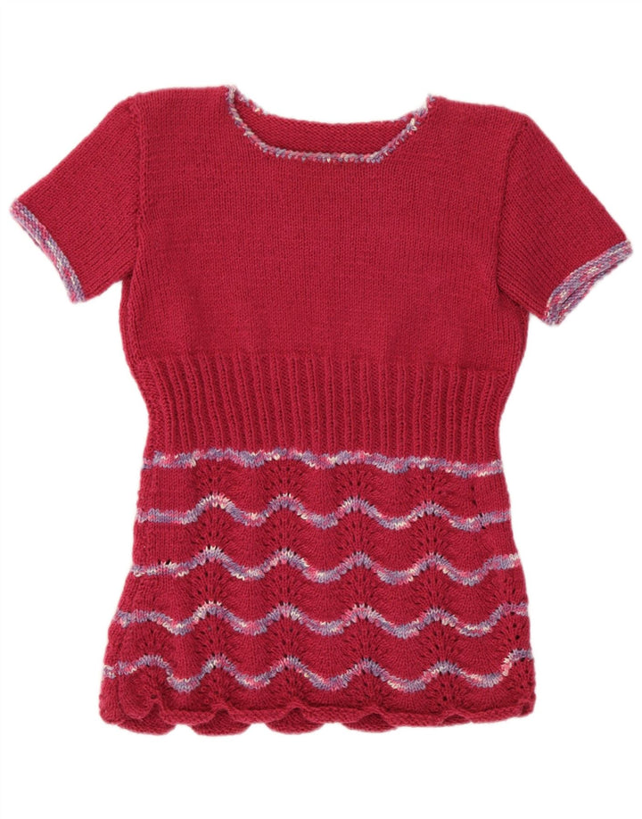 Maglione maglione vintage da donna UK 12 retrò a righe bordeaux medio