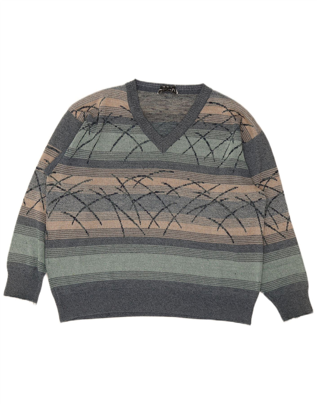 Maglione vintage da uomo con scollo a V XL a righe multicolore