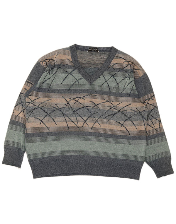 Maglione vintage da uomo con scollo a V XL a righe multicolore