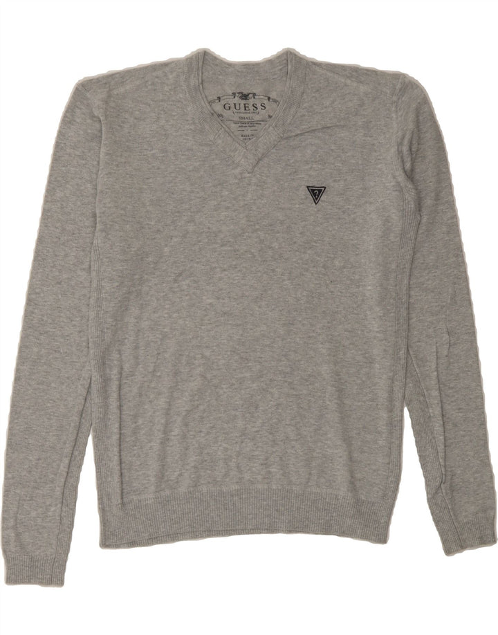 GUESS Mens V-Neck Jumper Sweater Small Grey Cotton Vintage Guess and Second-Hand Guess from Messina Hembry 