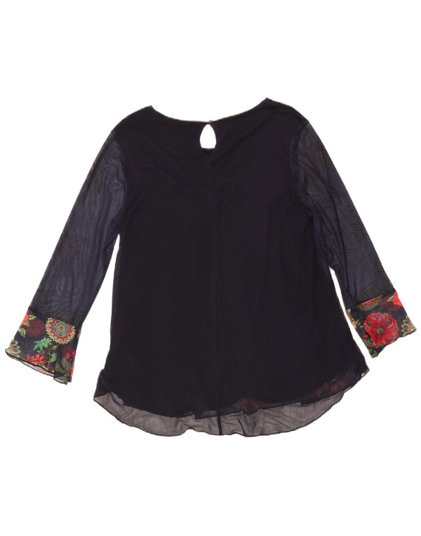 Desigual Donna Camicetta a Maniche Lunghe Top UK 16 Grande Blu Navy Floreale