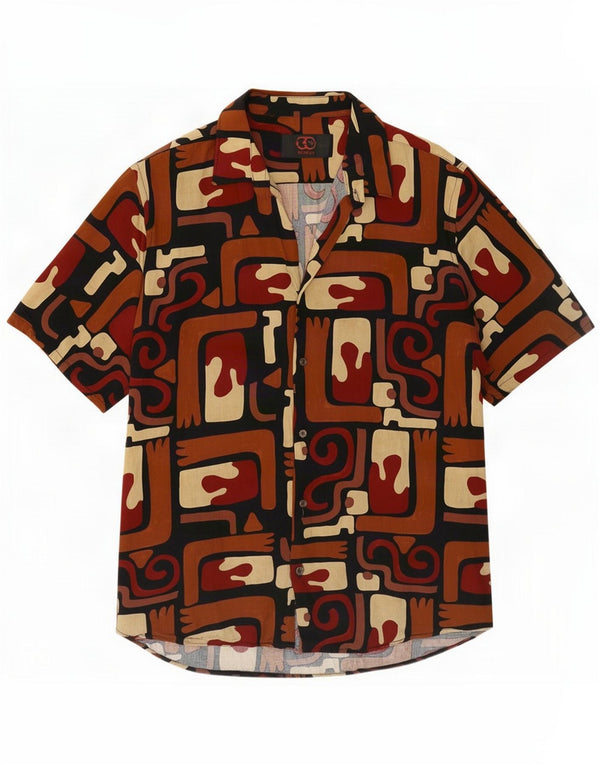 Camicia vintage da uomo a maniche corte piccola in viscosa geometrica multicolore