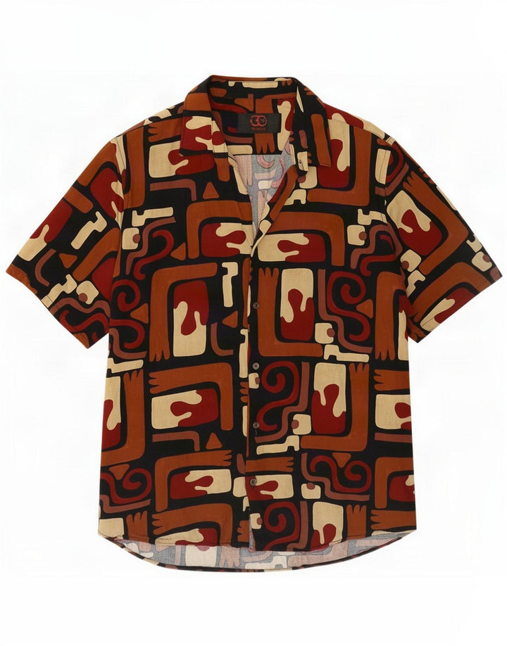 Camicia vintage da uomo a maniche corte piccola in viscosa geometrica multicolore