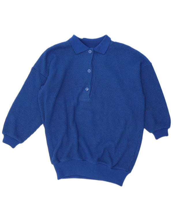 Maglione oversize da donna vintage con collo a polo oversize UK 10 piccolo acrilico blu