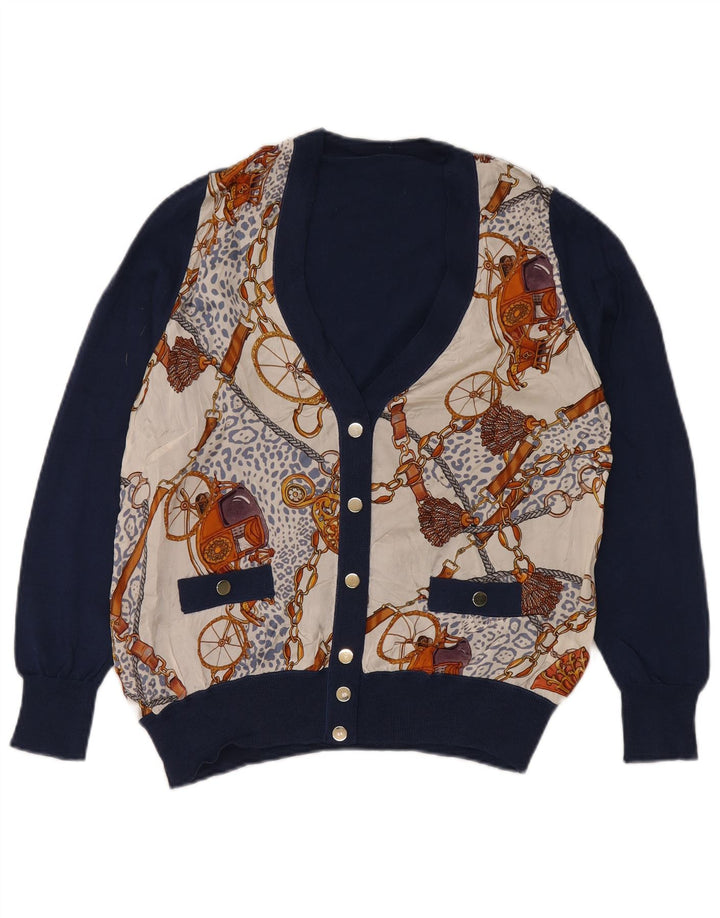 Maglione cardigan con motivo astratto da donna vintage UK 16 grande blu navy