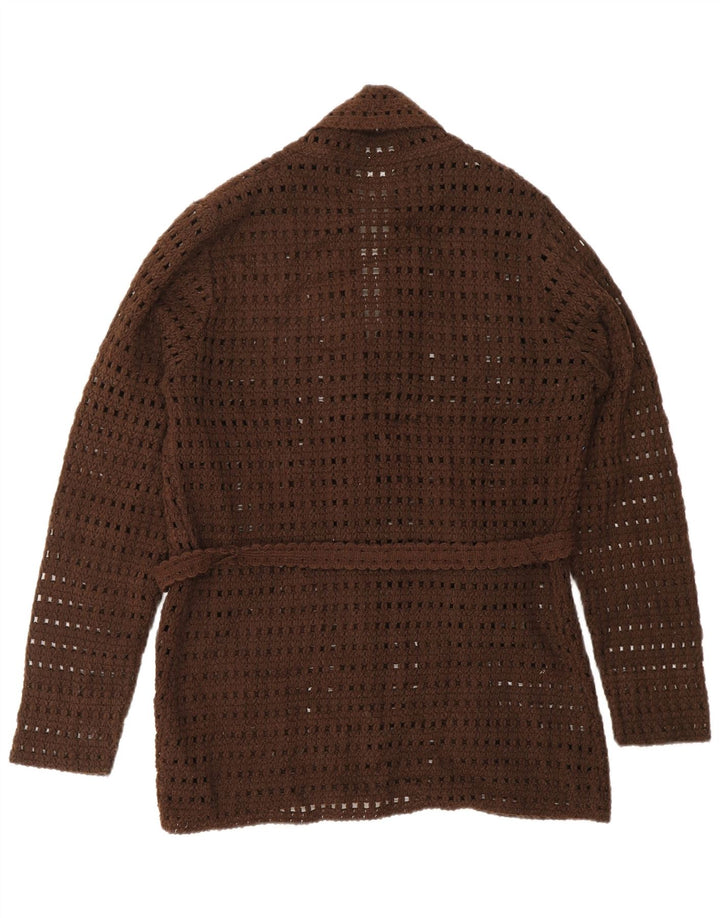 Maglione cardigan all'uncinetto da donna VINTAGE UK 14 grande acrilico marrone