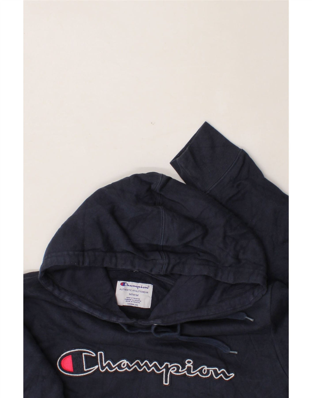 CHAMPION Mens Graphic Hoodie Jumper Medium Navy Blue Cotton Vintage Champion and Second-Hand Champion from Messina Hembry 