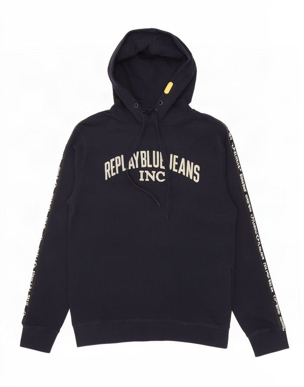 Felpa con cappuccio grafica da uomo Replay 2XL in cotone blu navy