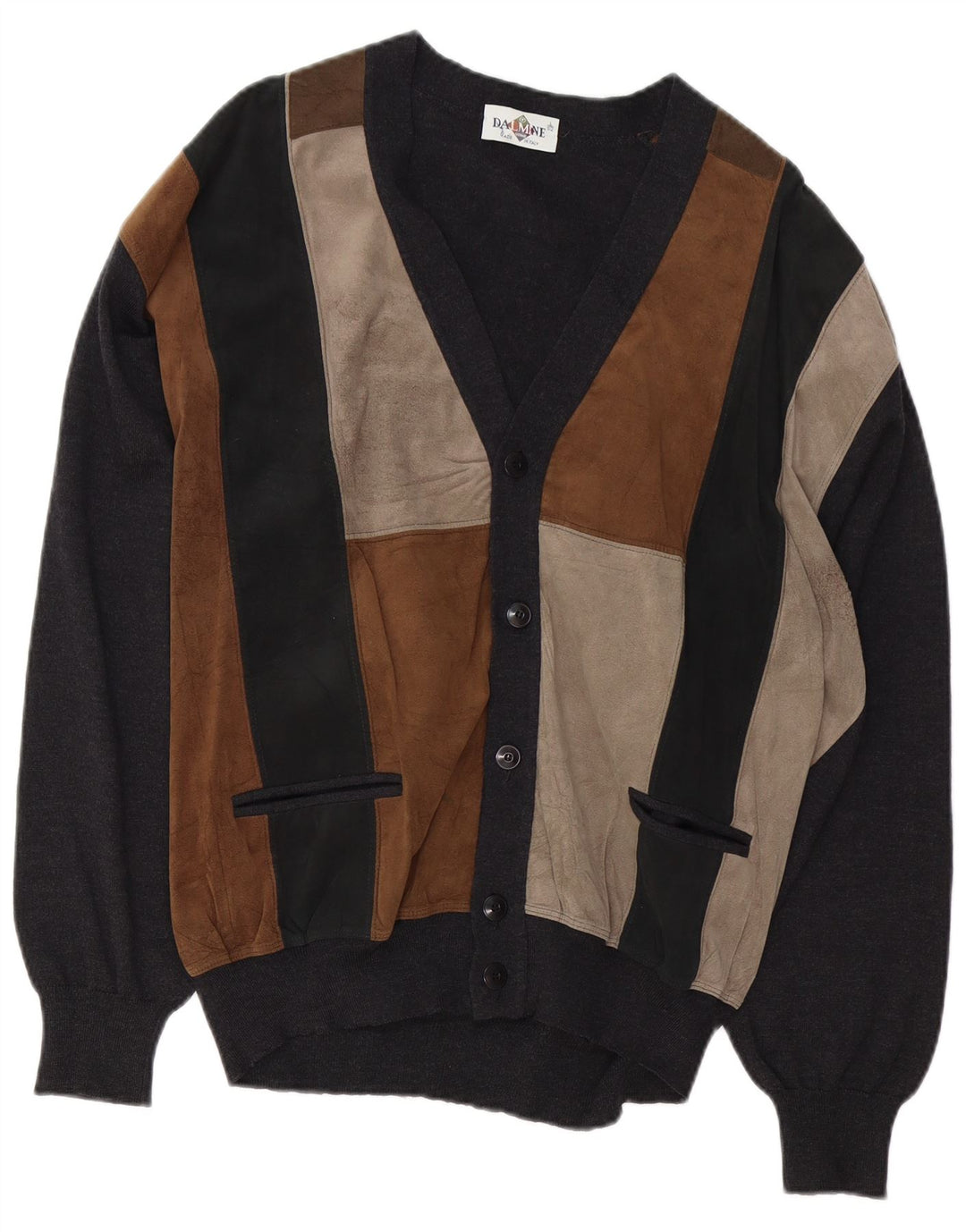 DALMINE Maglione cardigan in pelle scamosciata da uomo IT 52 Large Grey Colourblock