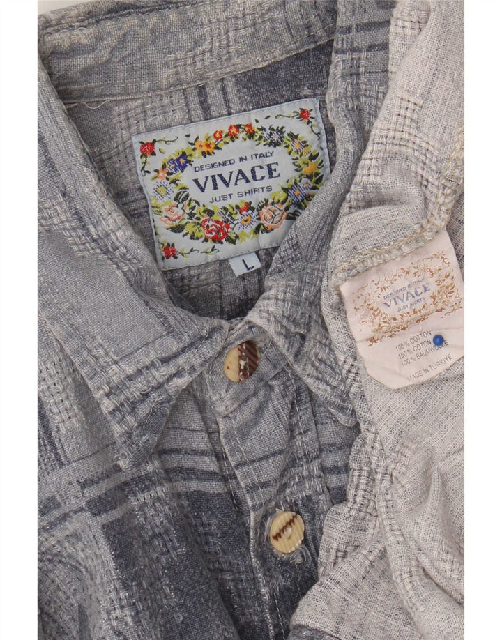 Camicia vintage da uomo in flanella di cotone geometrico blu grande