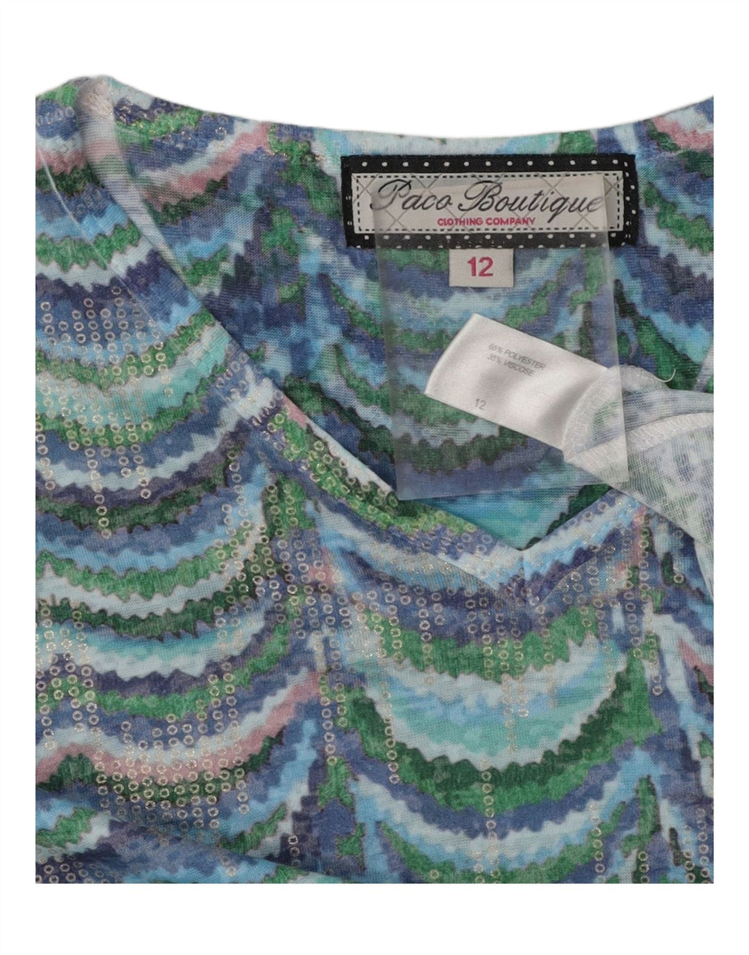 PACO BOUTIQUE Womens Blouse Top UK 12 Medium Blue Chevron Polyester Vintage Paco Boutique and Second-Hand Paco Boutique from Messina Hembry 