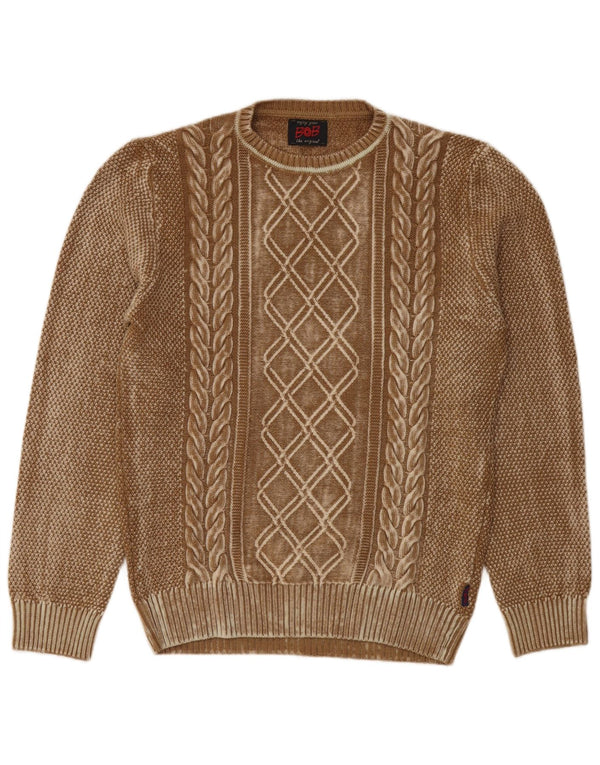 Maglione vintage da uomo girocollo, maglione grande, lana vergine geometrica marrone