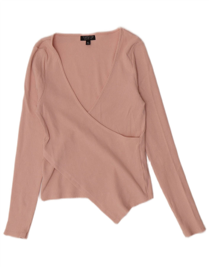 Topshop Donna Crop Top Manica Lunga UK 12 Cotone Rosa Medio