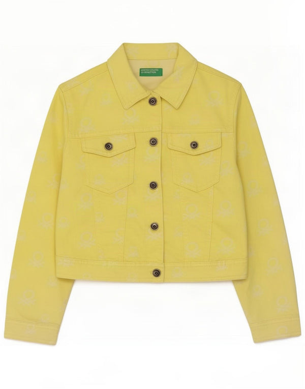 Giacca in denim grafico corto per ragazze Benetton 8-9 anni grande in cotone giallo