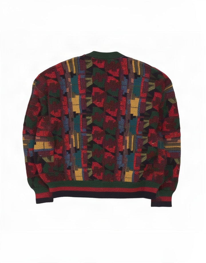 Maglione vintage da uomo con scollo a V, acrilico geometrico multicolore medio