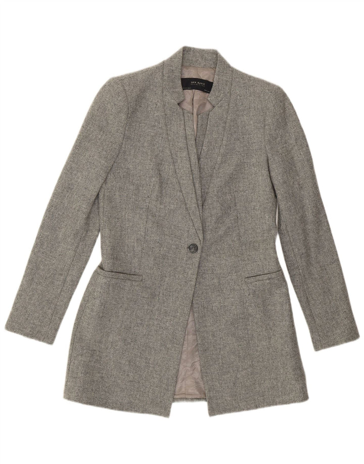 Giacca blazer a 1 bottone lungo da donna Zara UK 10 piccola lana screziata grigia
