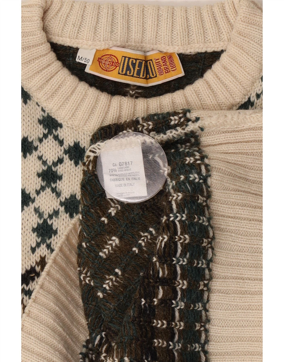 Maglione maglione girocollo da uomo vintage IT 50 lana Fair Isle bianca media