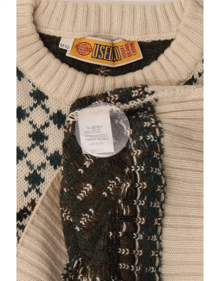 Maglione maglione girocollo da uomo vintage IT 50 lana Fair Isle bianca media