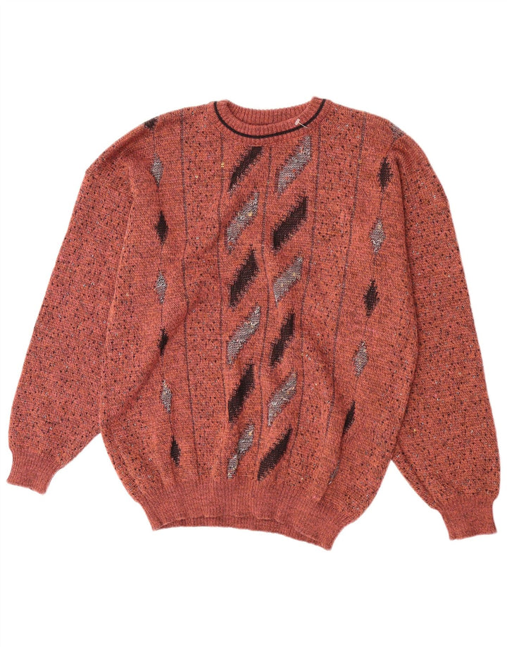 Maglione girocollo da uomo vintage IT 50 in lana geometrica marrone medio